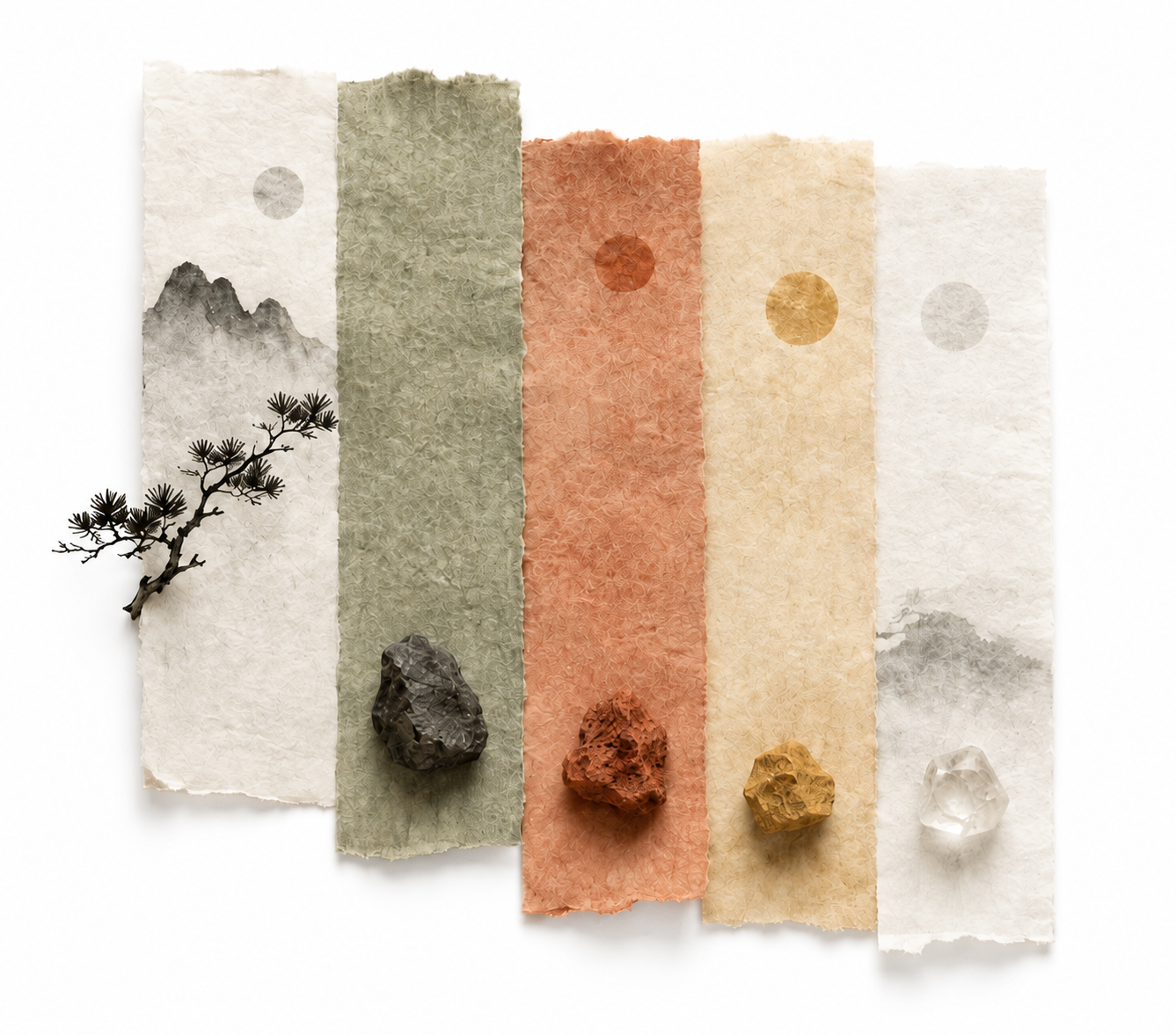 Torn hanji papers, ink mountains and natural stones in muted elemental colors